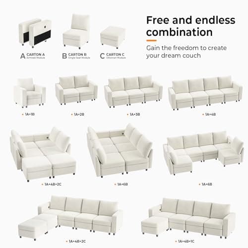 VINGLI 108" U-Shaped Storage Modular Sectional Sofa Sleeper in USB Built-in Charger, Convertible Couch Bed with High-Resilience Foam, 4 Deep Seaters Module/2 Ottomans(Chaises),Chenille/Cream White 8