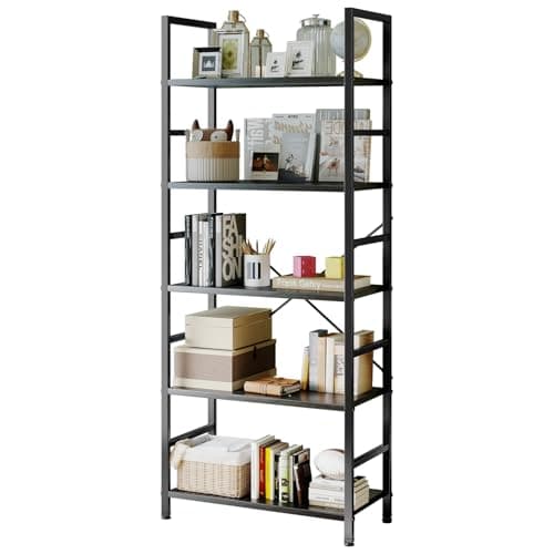 Sweetcrispy Book Shelf, 5 Tier Bookcase, Modern Tall Bookshelf for Garage Kit, CDs, Movies, Industrial Corner Storage Organizer for Bedroom Home Office Kitchen Living Room, Black
