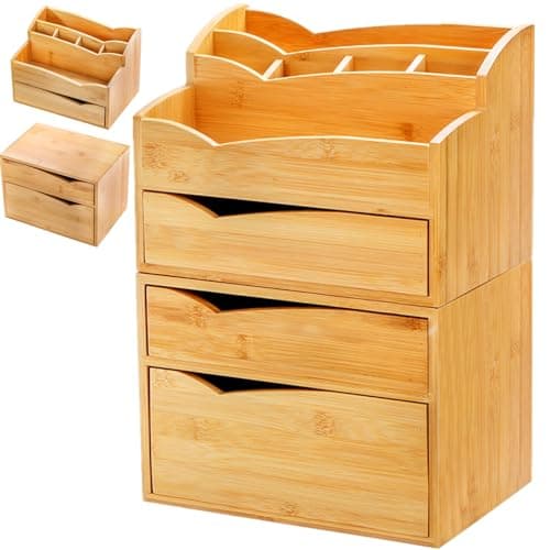 Yopay 2 Pack Bamboo Desk Organizer, Stackable Desktop Organizers with 3 Drawers, Bamboo Office Tabletop, Countertop Organization for Stationery, Makeup Vanity, Fully Assembled