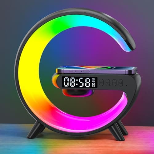 Pqeert 2026 New Wireless Speaker Charger, Atmosphere Bedside Light with Wireless Charging Station,Music Lit Lamp 4 in 1 Alarm Clock Gifts Idea for Family (Black)