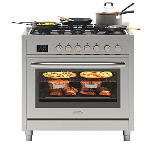 KoolMore 36” Inch Professional Gas Range Stove with 5 Burner Cooktop, Rapid Convection Oven, and Digital Timer with Heavy-Duty Cast Iron Grates, Stainless-Steel Appliance (KM-FR36GL-SS), Silver
