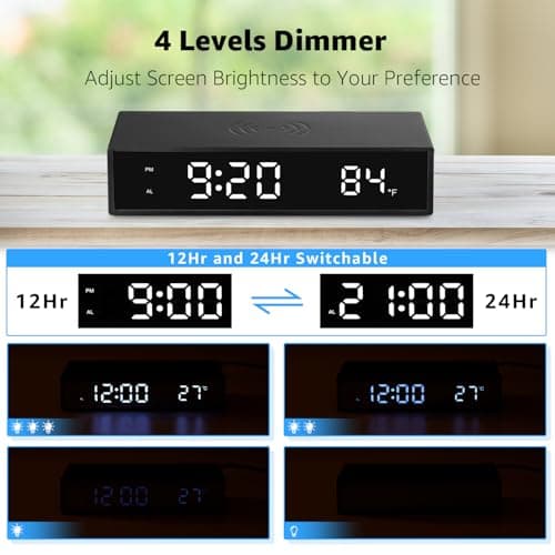 Digital LED Alarm Clock with Wireless Charging, 15W Fast Wireless Charger for Smart Phone for iPhone/Samsung, NightTime Mode Adjustable Brightness Snooze, Clock for Bedroom, Living Room, Office, Black 4