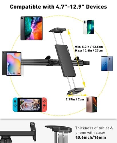 Tryone Car Tablet Holder Mount for iPad: Headrest Tablet Stand for Car Back Seat Compatible with iPad Pro Air Mini | Galaxy Tab | Kindle Fire HD | Switch OLED or Other 4.7-16.1" Devices 5