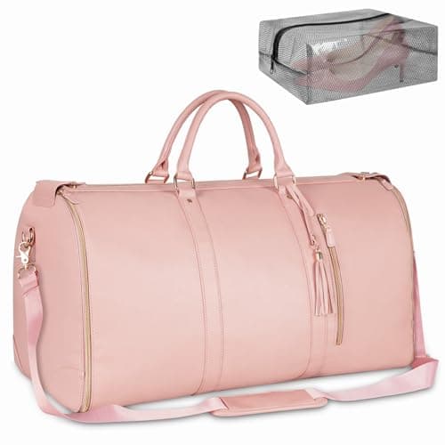 Ytonet Garment Duffle Bags for Travel, Convertible Carry On Garment Bag for Women, Large PU Leather Foldable Travel Bag with Shoe Pouch, 2 in 1 Hanging Suitcase Dress Suit Travel Bags, Pink