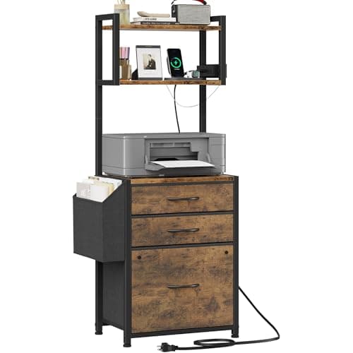 HIGDBFE 3 Drawer File Cabinet with Charging Station, 45''H, 3-Tier Filing Cabinet for Home Office, 11''*16'' for Small Printer, Fabric Drawer Fits Letter/A4, Tall Printer Stand, Rustic Brown