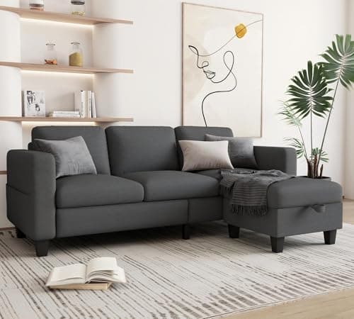 Grzyhem Sectional Couches for Living Room - Convertible L-Shaped Couch, Grey 3 Seater Modern Linen Sofa, 78" Sofas with Storage Ottoman for Small Space, Bedroom, Offices and Apartments