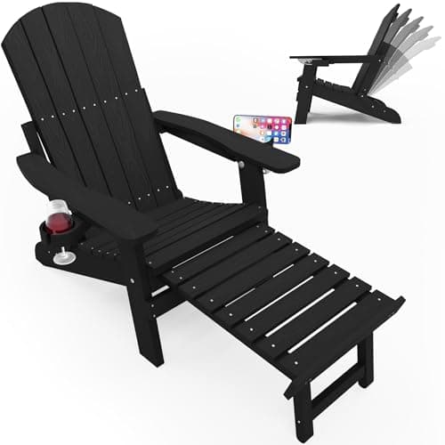 YEFU Adjustable Adirondack Chair with Footrest, 5-Level Adjustable Adirondack Chair with Retractable Ottoman & 2 Cup Holder, Folding Adirondacks Chairs Use for Outdoor, Pool, Patio, Fire Pit (Black)