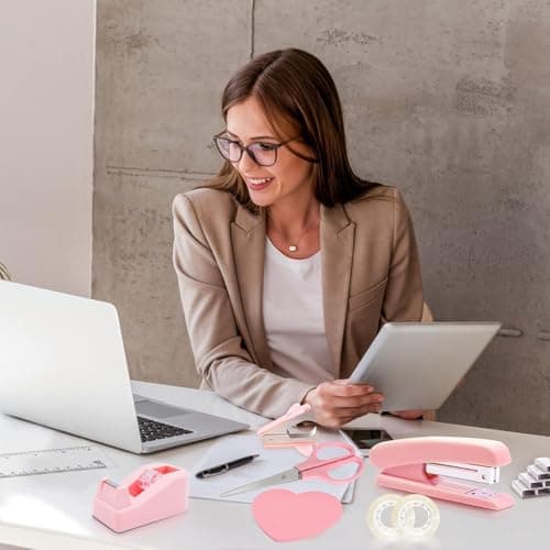 Office Desk Accessories, Pink Office Supplies Set Desk Accessories for Women, Cute Office Supplies with Stapler, Mini Stapler, Staple Remover, Tape, Clips, Scissor and Tabs, Stationary Set for Student 7