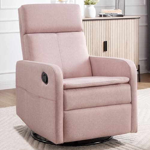 Ketaiyou Rocker Swivel Recliner Chair for Adults, Overstuffed Large Manual Recliner Glider with Massage and Heat, Comfy Soft Fabric Living Room Reclining Sofa Chair (Pink)