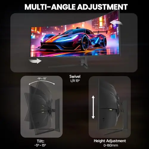 CRUA 49" Curved Gaming Monitor | DQHD(5120 * 1440), 144Hz/165Hz, 1500R, 32:9, AMD FreeSync, 120% sRGB, Height Adjustable Ultra-Wide Screen Monitors, HDMI 2.1 & DP 1.4, Wall Mount Install- Black 6