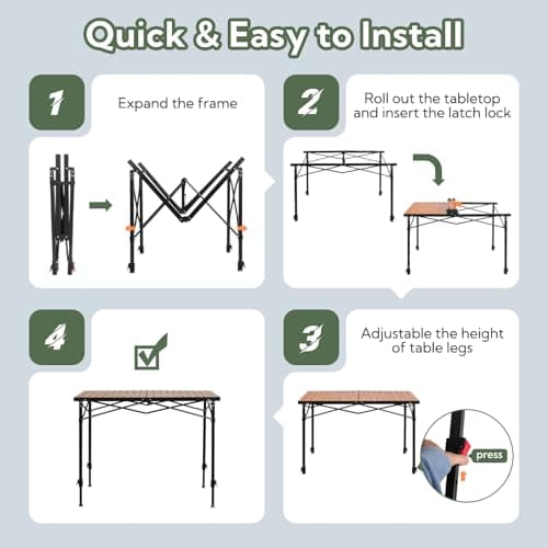 Join Nature Portable Outdoor Adjustable Height Camping Table, Large for 2-6 Person, Foldable Roll-up Aluminum Camp Table with Carry Bag for Picnic, Camp, Sturdy, Stable, Loads 220 Lbs 7