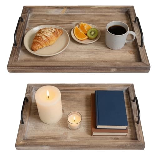 Besti Rustic Vintage Food Serving Trays (Set of 2) | Nesting Wooden Board with Metal Handles | Stylish Farmhouse Decor Serving Platters | Large: 15 x2 x11 - Small: 13 x2 x9 inches (Rustic Burnt)