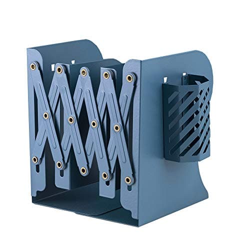 JIARI Adjustable Metal Bookends with Expandable Design, Blue, Heavy-Duty Book Organizers for Shelves, 1pcs Pen Holder (Blue)