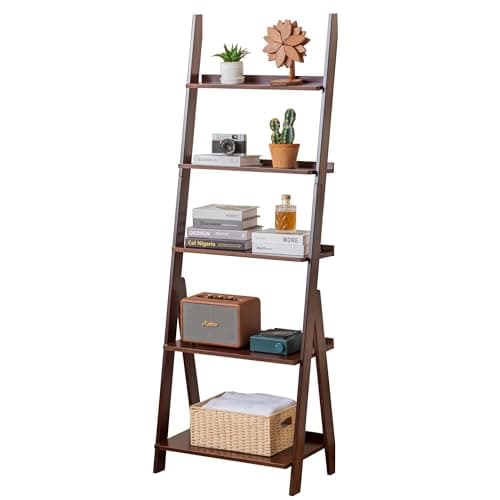 Maydear Bamboo Ladder Shelf Bookcase, 5-Tier Leaning Bookshelf Free Standing Organizer Storage Shelves for Living Room, Bedroom, Kitchen, Home Office, Balcony, Walnut