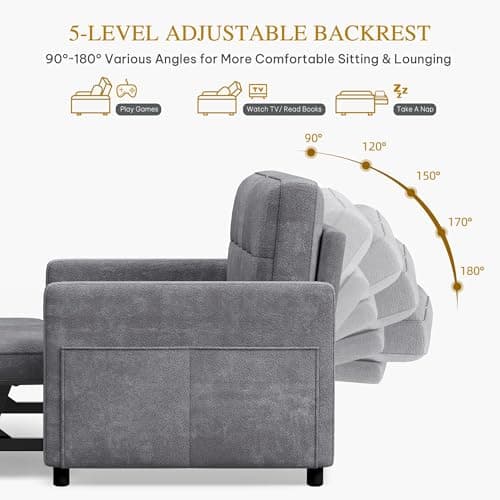 DWVO 55" Convertible Sofa Bed, 3-in-1 Sleeper Sofa with Pull-Out Couch, Velvet Futon Couch with Adjustable Backrest and USB, Modern Loveseat for Living Room Apartment, Light Grey 6