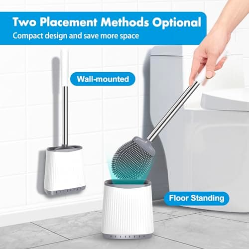Toilet Brush, Silicone Toilet Brush and Holder Set, Flexible Toilet Bowl Brush Head with Ventilated Holder, Wall Mounted Compact Toilet Scrubber Set for Bathroom Cleaning (1, White) 5