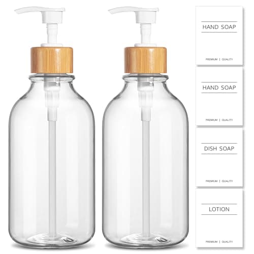 KASUNTING Clear Soap Dispenser, 2 Pack Plastic Dish Soap Dispenser for Kitchen, 17 Fl Oz Bathroom Hand Soap and Lotion Dispensers Set with Bamboo Pump, Refillable Liquid Soap Bottles