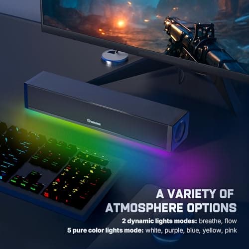 Wohome 2.1 Computer Speakers for Desktop PC, Bluetooth 5.3 Computer Sound Bar with HiFi Sound, 7 RGB Light Modes, DC Powered Laptop Speakers with 3.5mm AUX-in/USB Connected for Game, Music and Movie 5