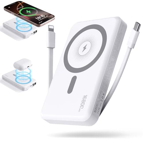 2026 Magnetic Wireless Power Bank, 16800mAh Portable Charger with 2 Built in Cables, LED Display Magnetic Battery Pack Travel Essentials for iPhone 17/16/15/14/13/12/Pro/Mini/Pro Max Andriod-White