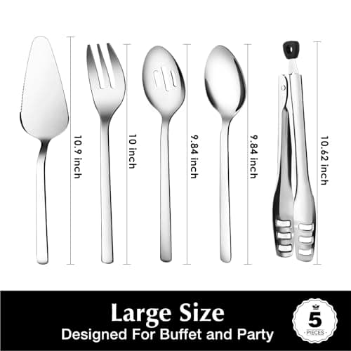 KINGSTONE Large Hostess Serving Utensils Set,18/10 Stainless Steel Heavy Duty 10inch Serving Spoons,Slotted Spoons,Serving Fork,Serving Tongs, Cake Pie Server For Buffet, Wedding, Party 5