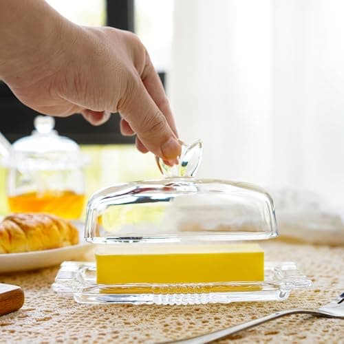 7'' Glass Butter Dish with Lid - Elegant Countertop Butter Container Holds,Clear Butter Keeper for Home Kitchen Decor,Dishwasher Safe 7