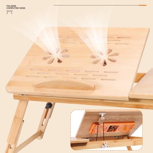 JELNER Adjustable Bamboo Laptop Desk with Cooling Fan, Foldable Bed Tray for Breakfast, Writing, and Drawing, with Tilting Top and Drawer, Portable Lap Desk for Bed, Sofa, and Floor. 5