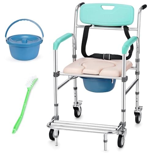 Rengue Shower Commode Wheelchair, Bedside Commode Chair with Padded Seat Height Adjustable Rolling Over Toilet Chair with Arms and Backrest, 300lbs Weight Capacity, Blue