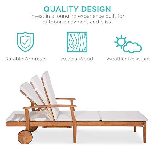 Best Choice Products 79x26in Acacia Wood Chaise Lounge Chair Recliner, Outdoor Furniture for Patio, Poolside w/Slide-Out Side Table, Foam-Padded Cushion, Adjustable Backrest, Wheels - Cream 5