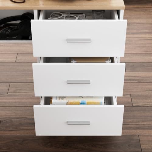 MOUMON L Shaped Standing Desk with Drawers and Shelves, Executive Adjustable Height Desk, L-Shaped Design, 63 inch Tabletop, for Office Oak and White (63”W x 63”D x 28.9-45.3”H) 7