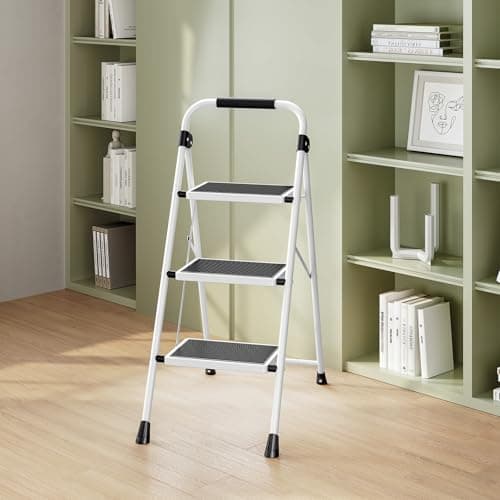 KINGRACK Step Ladder 3 Step Folding with with Anti-Slip and Wide Pedal,Portable Foldable,Tall Sturdy Step Ladder with Handgrip for Home Kitchen Household,White 8