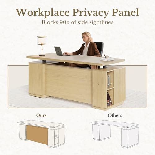 Perledesign 70" Standing Desk with Storage, Executive Electric Height Adjustable Stand Up Desk with AC/USB and Privacy Panel, Large One-Piece Destop, Fluted Computer Desk for Home Office, Light Walnut 6