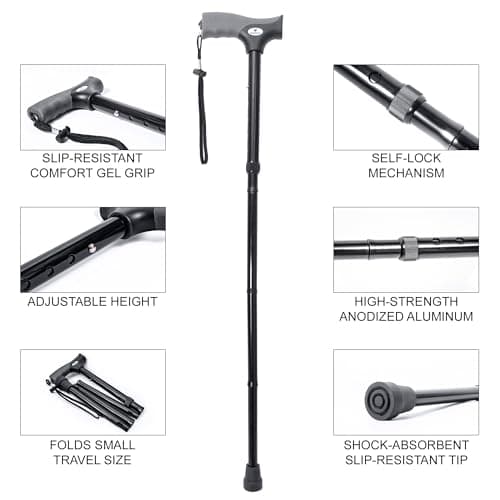 FSA/HSA Eligible, Vaunn Medical Easy Grip Height Adjustable Folding Cane/Walking Stick with Strap/Pouch- Compact, Portable, and Safe Walking Assistant- Non-Slip Grip Handle- Men, Women, Elderly 5