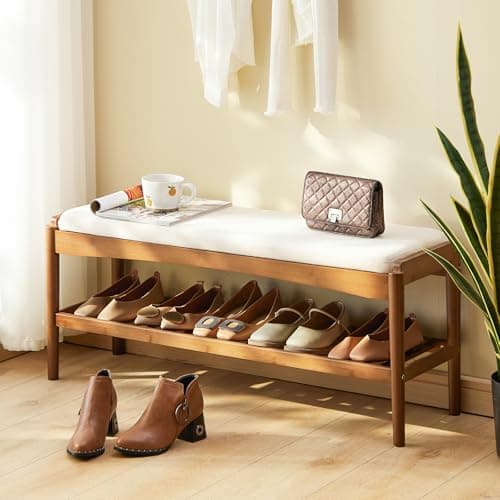 STDDRE Shoe Bench Entryway Bamboo 2-Tier Shoe Rack with Cushion Padded Seat Shoe Bench Organizer Stable for Entry, Hallway, Living Room, Bedroom, Closet (39.4 * 11.4 * 16.5IN, Brown-Beige)