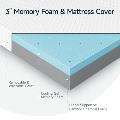 3 Inch Full Size Gel Memory Foam Mattress Topper with Ice Silk Touch Cover, High-Density Bamboo Charcoal Foam Mattress Bed Topper, Washable Cover & Pressure Relief, Soft Firmness CertiPUR-US Certified 7