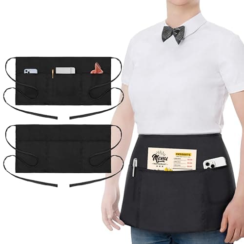 2 Pack Waitress Apron with 3 Pockets - Water & Oil Resistant - Black Waist Aprons for Servers - Half Aprons for Women - 12 Inch