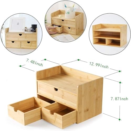 Wisuce Bamboo Desk Drawer Organizer, Desktop Organizer with Drawers Tabletop Storage Organization Box for Office Home Toiletries Supplies Vanity, No Assembly Required(1 with shelf-3 Drawers) 6
