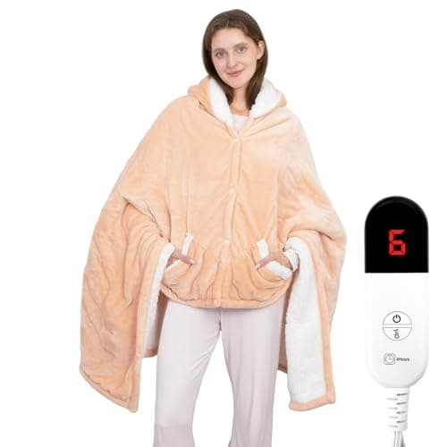 Wearable Heated Throw Blanket, Electric Heated Wrap Poncho Shawl & Hoodies with Pockets, 7 Heating Levels & 4 Hours Time Settings, Machine Washable with ETL Certification 40" x 70", Beige