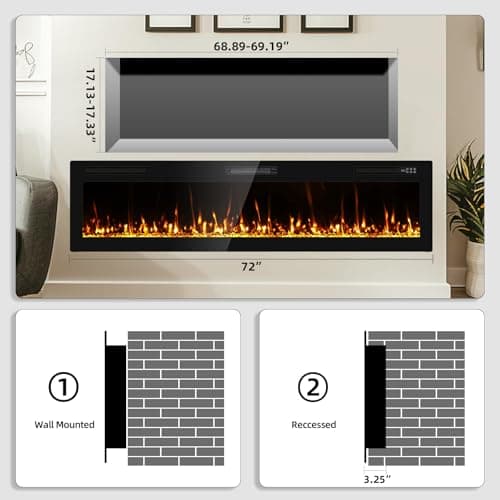 Eueiriup 2025Upgraded 72” Recessed and Wall Mounted Electric Fireplace, Ultra Thin Narrow Beleze Fire Places with Remote Control, Screen Control,Adjustable Flame Colors and Speed 6