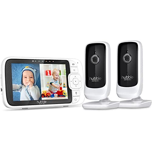 Hubble Connected Nursery Pal Link Premium Twin Smart Wi-Fi Enabled Baby Monitor with 2 camera units, Large 5-inch color parent unit viewer, preloaded soothing sounds, white noise, wall mount, white