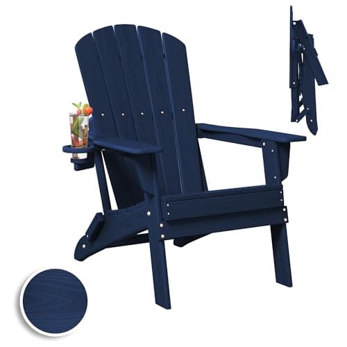 Plawdlik Folding Adirondack Chair, SGS Tested, Wooden Textured with Cup Holder, Heavy All-Weather HDPE Comfortable Set Poolside Backyard Lawn Navy Blue