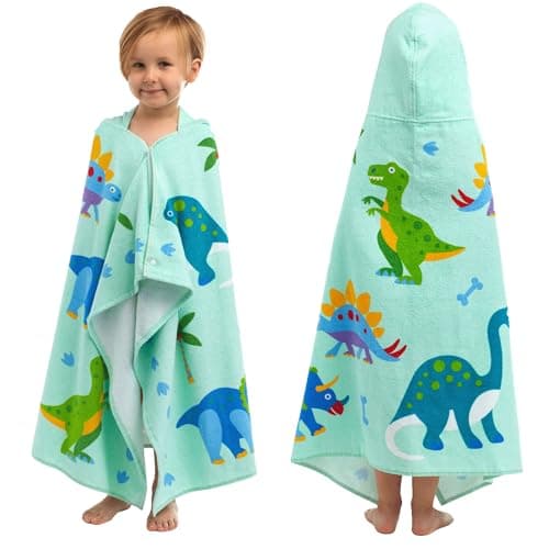 Wildkin Kids Hooded Beach Towel – 100% Cotton, Snap Front for Bath, Pool & Beach - Dinosaur Land