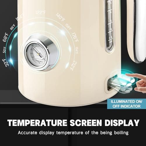 SUSTEAS Electric Kettle - 57oz Hot Tea Kettle Water Boiler with Thermometer, 1500W Fast Heating Stainless Steel Tea Pot, Cordless with LED Indicator, Auto Shut-Off & Boil Dry Protection, Beige 8