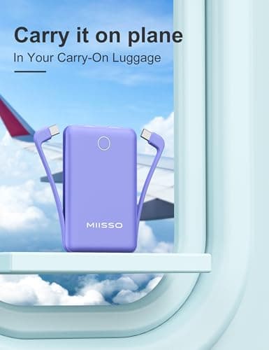 miisso 10000mAh Compatible with iPhone 15/16/17 and Android, Slim Portable Charger with Built in Cable, Power Bank Travel Charger External Battery Pack for Phone, 3 Output USB Type C Cord, Purple 6