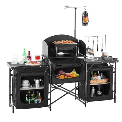 VEVOR Camping Kitchen Table, Outdoor Camp Cooking Table, Aluminum Portable Cook Station with 3 Storage Cupboard, Carrying Bag, Detachable Windscreen, Quick Set-up for BBQ Party Picnic RV Travel, Black 9