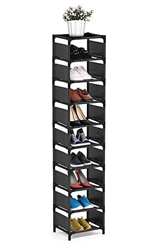 isightguard Vertical Shoe Rack, 10 Tier Narrow Shoe Rack for Closet & Entryway, Space Saving Tall Shoe Organizer for Small Spaces, Sturdy Metal Stackable Shoe Shelf Tower for Boots & Heels, Black