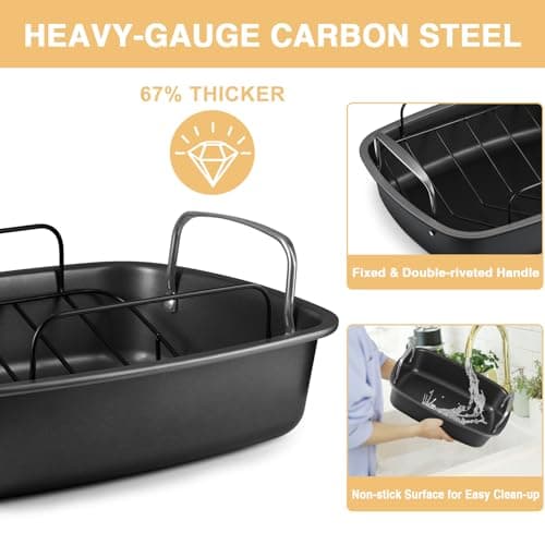 Nonstick Turkey Roasting Pan with Rack - 17×13 Inch Extra Large Roaster Pan, Deep Turkey Tray for Oven, U-Shaped Rack, Wider Handles, Ideal for Ovens, Thanksgiving, and Christmas 5