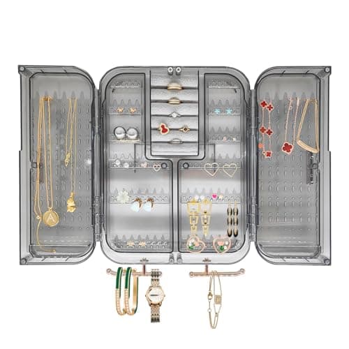 Qryval Wall Mounted Jewelry Organizer, No Punching Installation, Hanging Jewelry Organizer Box and Storage Case, Necklace Earring Holder Organizer Wall for Women Teen Girls (Gray Gold)