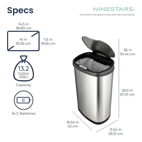 Ninestars 13 Gallon Kitchen Trash Can, Automatic Touchless Motion Sensor Trash Can with Black Lid, 50 Liter Stainless Steel Garbage Bin, Oval, DZT-50-13 5