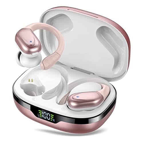 BX17 Wireless Earbuds 5.3 Bluetooth 48hour Playtime HiFi Headphones Over-Ear Headset with Earhook Waterproof Microphone Digital LED Display Full HD Powerful Stereo Bass Earphone (Rose Gold)