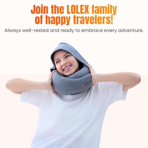 LOLEX™ Hooded Pro Travel Pillow - Memory Foam Neck Support Pillow for Airplane, Flight - Super-Soft Pure Cotton Fabric, Maximum Privacy & Light-Block Design, Lightweight Full Travel Kit - Light Grey 9
